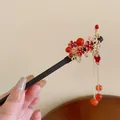 Vintage Chinese style wooden hairpin with red flower and dangling beads for Hanfu - Red Floral Style (HH6014)