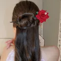 Elegant Neo-Chinese style red rose wooden hairpin featuring a long sparkling rhinestone tassel - Red Rose Style (HH6014)