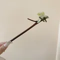 Elegant retro wooden hair stick with translucent green leaf accents for Hanfu styling - Green Leaf Style (HH6014)