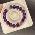 Elegante bracciale vintage in agata viola e cristallo con ciondolo sole su legno naturale - Stile 2 (WB419) / Oro/Viola