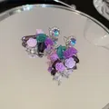 Vintage purple floral drop earrings with silver needles and iridescent crystals. - Purple Flower Style (73#)