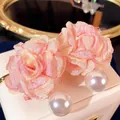 Elegant pink fabric rose earrings with large white pearls for a sweet feminine look - Pink Fabric Flower Pearl Earrings