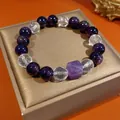 Bracciale vintage di perle di ametista e quarzo trasparente su scatola regalo oro - Stile 22 (WB419) / Viola