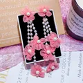 Elegant long pink lace flower earrings with pearl tassels and silver needles for women - Pink Lace Flower Pearl Tassel Earrings