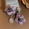 Asymmetric purple embroidered flower earrings with pink heart and teardrop crystals - Asymmetric Embroidered Flower Heart Rhinestone Earrings