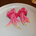 Vibrant pink floral earrings with colorful beaded tassels in dopamine style - Rose Pink Satin Flower Glass Bead Tassel Earrings