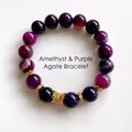 Bracciale vintage con perline di agata viola, accenti dorati e cristalli chic - Stile 35 (WB419) / Oro/Viola