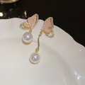 Asymmetrical pink crystal butterfly earrings with elegant white pearl droplets - Asymmetric Butterfly Pearl Style (38#)
