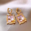 Vintage French court style gold earrings with pearls and purple enamel window design. - 19# Earring - Gold - Purple