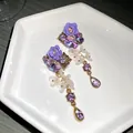 French palace style purple rose earrings with crystals and frosted petals - 26# Silver Needle - Standard - Alloy - Purple