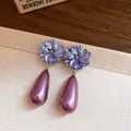 Elegant French vintage style purple floral stud earrings with metallic teardrop dangle - 39# Silver Needle - Purple