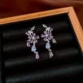 Elegant French style zircon floral stud earrings with purple crystals and silver finish - 86# Silver Needle - Silver - Purple