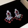 Elegant French court style chandelier earrings with red and white zircon floral design. - 87 Silver Needle - Silver - Red