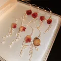 Elegant handmade preserved rose drop earrings with pearl tassels in random colors - 2# Pearl Tassel Ear Hook Style / 1 Pair Pack / Random Multicolor