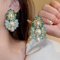 Orecchini pendenti etnici vintage con cristalli verde acqua e perle bianche eleganti - 29# Perno in Argento - Etnico Retrò Nappa con Perle e Cristalli