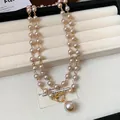 Elegante collana di perle vintage francese a due fili con chiusura a levetta dorata - Marrone