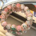 Elegant pink and green marbled floral glass beaded bracelet with gold spacers - Red & Green Style (40#)