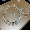 Luxury emerald-cut clear crystal jewelry set including necklace, bracelet, and earrings - 78# Necklace - White - Two-piece Set