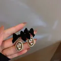 Close-up of vintage French style black velvet bow earrings with pearls and crystals - 51# Silver Needle - Black
