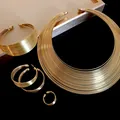Golden multi-layer wire jewelry set including necklace, cuff bracelet, hoop earrings and ring - 4-Piece Set (Necklace Bracelet Earrings Ring) / Gold