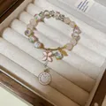 Sweet pink glass beaded bracelet with flower and clock charms for elegant daily wear - Flower & Clock Pendant Style (1#) / Pink & White - Gold