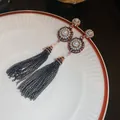 Vintage Neo-Chinese style tassel earrings with pearls and long black chain fringes. - 28 Silver Needle - Rose Gold