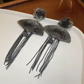 Vintage New Chinese style black rose fan tassel earrings with long beaded chains - 925 Sterling Silver Earring Post (66) / Black