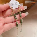 Vintage Chinese style gold bamboo dangle earrings with green jade beads and white pearls - 925 Sterling Silver Earring Post (76) / Gold-Green