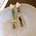 Vintage Chinese style tassel earrings with green bamboo beads and gold flower studs - 925 Sterling Silver Earring Post (77) / Gold-Green