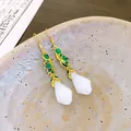New Chinese style earrings featuring green enamel leaf motifs and white stone drops - Earring Hook (79) / Gold