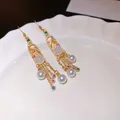 Elegant New Chinese style gold tassel earrings featuring pearls and colorful gemstones - Earring Hook (101) / Gold