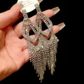 Detailopname van sprankelende lange strass kwastjes oorbellen met zilveren naalden - Lange Kwast (HE18093) / Zilver