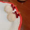 Detail view of festive Christmas earrings featuring soft white pom-poms and red velvet bows - Gold Snowflake Bow Short Fur Ball (1#)