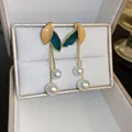 French style leaf dangle earrings with pearl tassels in a jewelry box - Silver Needle Tassel Style (8)