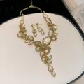 Close-up of champagne rhinestone flower necklace and teardrop earrings set. - Rhinestone Water Drop Flower Style (13#)