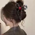 Pinza para el pelo con estampado de leopardo y perla roja para un estilo elegante. - Pinza de garra / Lazo de Leopardo Color Café
