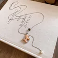 Handmade niche rocking horse necklace with leather inlay and pearl drop for autumn and winter - Necklace-Silver-Coffee