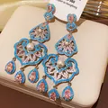 Detailed view of vintage chandelier earrings with pink stones, pearls and turquoise beads. - Tassel Drop Style (HE31976) / Silver Needle / 1# Silver Blue Pink