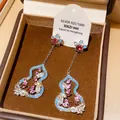 Detailed view of silver gourd-shaped drop earrings with colorful gemstones in a gift box - Vintage Gourd Style (WE4307) / Silver Needle / 3# Silver-Blue
