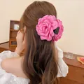 Large elegant pink fabric flower hair claw clip beautifully styled on brunette wavy hair - Large Pink Fabric Flower Claw Clip (18#) / 18# Claw Clip - Rose Red (Large)