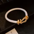 Luxury gold-plated zircon horseshoe buckle bracelet with elegant white braided cord - Horse-shoe Buckle Braided Rope Style (120#)