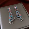 Elegant vintage-style dangle earrings with pink stones and blue crystals - Style 63