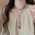 Vintage layered necklace featuring red heart and lock pendants worn by a female model - 32# Necklace-Silver Coffee