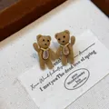 Close-up of brown flocked teddy bear earrings with sparkling crystal pendants in gold finish - Real Gold Plated / Gold/Coffee (6#)