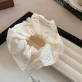 Close-up of beige lace scrunchie with floral eyelet embroidery and pleated detail - Beige Lace Hollow Style (23#)