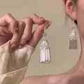 New Chinese retro tassel earrings with silver finish and green glass bead - Hook Style / Silver-Green