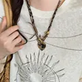 Close-up of vintage heart pendant necklace with leopard print cord and gold beads - Style 5-Light Coffee-Heart