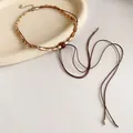 Vintage Maillard style leather cord necklace featuring polished wooden beads and adjustable chain - Style 11-Coffee-Beige
