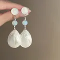 Elegant retro glass bead drop earrings with white pearlescent teardrop charms for women - Silver Earring Post Style / White