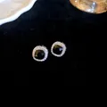 Elegant silver needle square stud earrings featuring black stone and a rhinestone halo - Square Pave Style